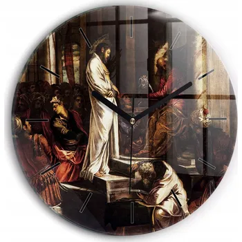 Hodiny Skleněné nástěnné hodiny tiché s potiskem Ježíš a Pilát Odsouzení průměr 30 cm