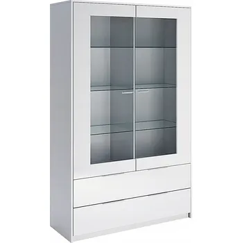 Policová skříň Bílá prosklená vitrína do obýváku Merle, moderní, se zásuvkami, 120 cm Intesi