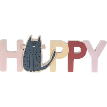 Home Styling Collection Dekorace do dětského pokoje Nápis a kočka HAPPY, dřevěná, 28 x 2,5 x 12 cm