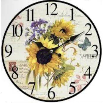 Hodiny Dřevěné hodiny na zeď Kytice lučních květin - slunečnice