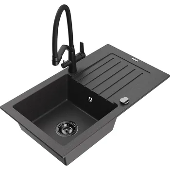 Granitový dřez MEXEN/S - Pablo granitový dřez s odkapávačem včetně baterie Duo, černá kropenatá 6510-76-671701-70-B