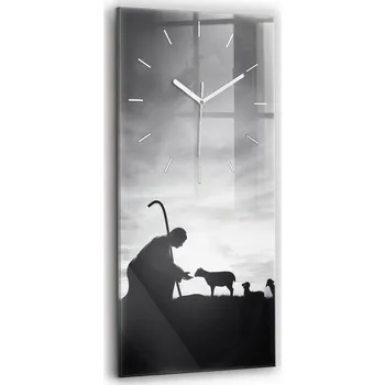 Hodiny Moderní nástěnné hodiny s náboženským motivem Panny Marie a oveček 30x60 cm