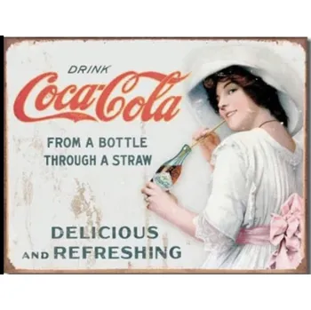 Plechová cedule Plechová cedule Coca - Cola from a bottle through a straw