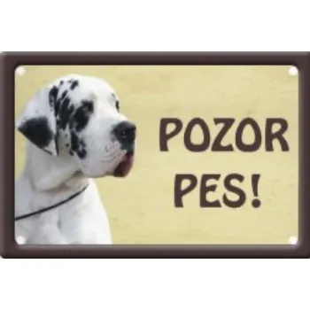 Plechová cedule Plechová cedulka Pozor pes Německá doga bílá