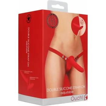 Připínací penis Shots Double Silicone Strap-on Adjustable red dvojitý připínací penis