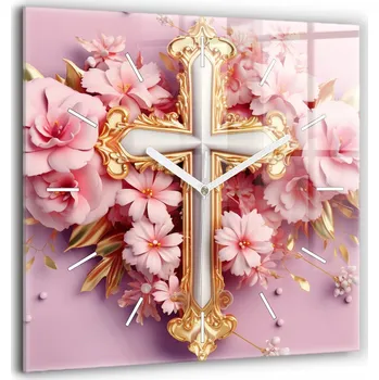 Hodiny Moderní Nástěnné Hodiny s Náboženským Motivem, Zdobené Křížem a Květinami 60x60 cm