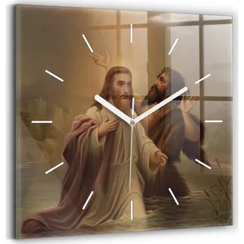 Hodiny Skleněné hodiny s motivem Křest Svatý Ježíše, tiché nástěnné hodiny 30x30 cm