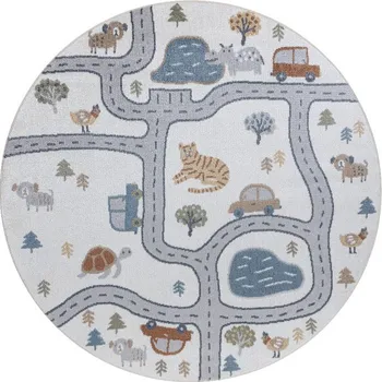 Koberec Koberec BONO 8283 uličky / zvířátka, krémový / světle šedý, kruh