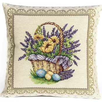 Povlak na dekorativní polštářek Dekorační povlak na polštářek RETRO VELIKONOČNÍ, KOŠÍČEK S VAJÍČKY A LEVANDULEMI, fialová, 45x45cm