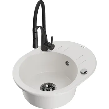 MEXEN/S - Kevin granitový dřez s odkapávačem včetně baterie Aster, bílá 6517-20-73450-70-B