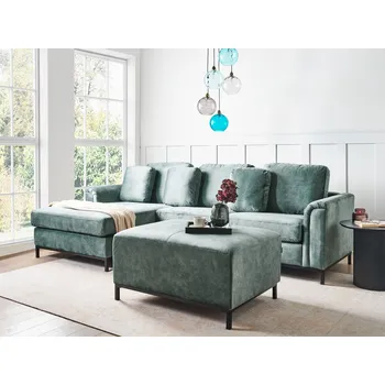 Pohovka Sametová rohová pohovka modrozelená voděodolná tkanina vhodná pro domácí mazlíčky čalouněná pohovka ve tvaru L pravostranná s taburetem Beliani