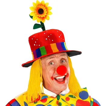 Klobouk klaun (šašek) s květinou a žlutými vlasy