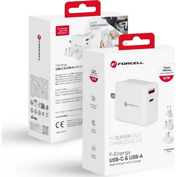 EU + US + UK + AU - Cestovní nabíječka FORCELL 3v1 - USB-C + USB-A - 45W