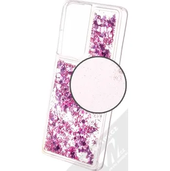 Pouzdro na mobilní telefon 1Mcz Liquid Heart Sparkle pouzdro pro Samsung Galaxy S21 Ultra, růžová