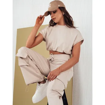 Světle béžový komplet crop topu a volných kalhot AY1020 Velikost: M