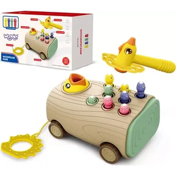 Hračka pro nejmenší WOOPIE 3v1 hra se zručností s dřevem a červíky – vkládací, zatloukací a tahací vozík pro miminka