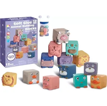 Dřevěná hračka WOOPIE dětské senzorické kostky a puzzle zvířátka 12 ks