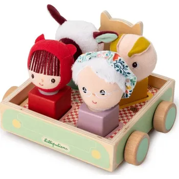 Dřevěná hračka Tahací hračka Lilliputiens tahací vozík vlk Ludvík s aktivitami, vkládačka + tvary