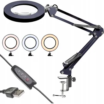 Stojací lampa KOSMETICKÁ LAMPA NA STŮL S LUPU 5X LED USB 12W ČERNÁ