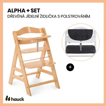 Jídelní židlička Hauck Alpha+ set 2v1 dřevěná židle, natural + polstrování Melange charcoal