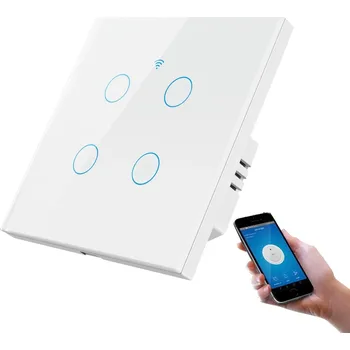 vypínač DOTYKOVÝ SKLENĚNÝ SPÍNAČ SVĚTLA 4 KANÁLOVÝ WIFI BEZ N NEBO S N TUYA SMART BÍLÝ