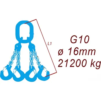 Upínací popruh BEST MAXX 21200kg Vázací řetěz G10 čtyřpramenný, oko-hák, 16mm Délka úvazku: 1 M