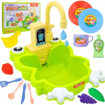 Dětská kuchyňka Dětský dřez Žabka s tekoucí vodou WOOPIE, 14 dílů