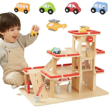 Dřevěná hračka Dřevěné parkovací garáže s výtahem a vozidly VIGA