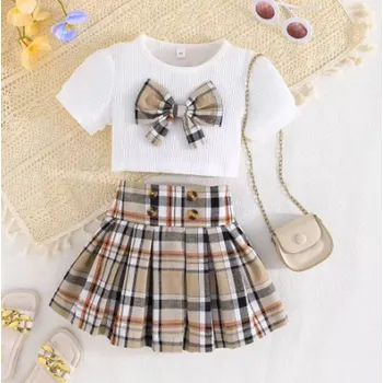 Dívčí dvoudílný set - skládaná sukně + top s mašličkou Barva: hnědá (WH35209A), Velikost: 2-3 roky