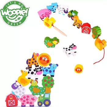 Dřevěná hračka WOOPIE GREEN dřevěná navlékací farma – zvířátka, 13 dílů