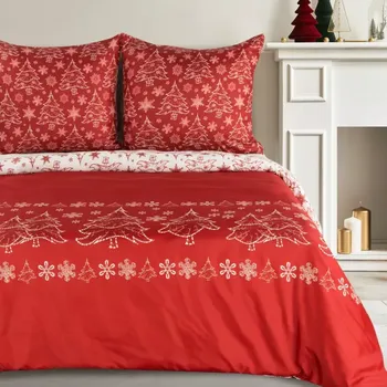 Povlečení Vánoční ložní povlečení červené se stromky 2 díly: 1ks 140x200 + 1ks 70x80