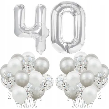 Balónek SADA STŘÍBRNÝCH BALÓNKŮ k 40. NAROZENINÁM bílé konfety