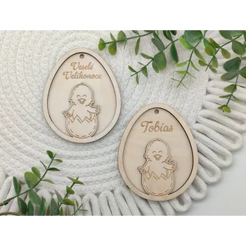 Velikonoční dekorace Dřevěné velikonoční 3D vajíčko - Kuřátko ve skořápce