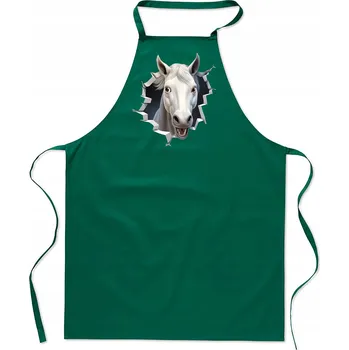 Kuchyňská zástěra KUCHYŇSKÁ ZÁSTĚRA bavlna zelená s motivem DÍRA KŮŇ s koněm koníkem FA_496_z