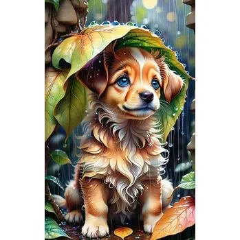 Diamantové malování Diamantové malování - Štěňátko pod lístkem + třpytivé kamínky (50x70)