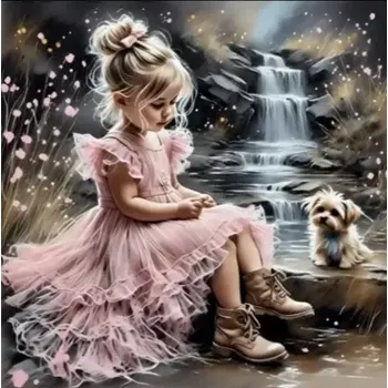 Diamantové malování Diamantové malování - Děvčátko s pejskem u potoka (50 x 50)