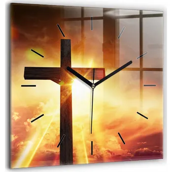 Hodiny Skleněné hodiny s motivem na zeď Tiché ručičky Kříž nebe a slunce 60x60