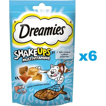 Pamlsek pro kočku DREAMIES ShakeUps Multivitamins 6x55g pochoutka z mořských plodů pro kočky s příchutí lososa, tuňáka a krevet