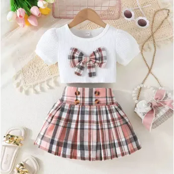 Dívčí dvoudílný set - skládaná sukně + top s mašličkou Barva: růžová (WY35209B), Velikost: 4 roky