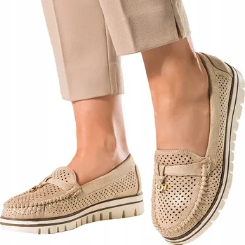Dámské mokasíny Dámské Zlaté Mokasíny s Perforací na Platformě s Ozdobou, Kožená Stélka, Velikost 38