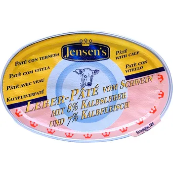 paštika a pomazánka JENSEN´S Leber Pâté vom Schwein mit Kalbfleisch und Kalbleber - játrová paštika z vepřového masa se 7% telecího masa a 8% telecích jater - 80g
