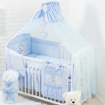 Dětská postýlka 17 dílná souprava postýlka + matrace + lůžkovina vyšívaná MODRÝ MEDVÍDEK SRDCE Druh matrace: kokos pohanka matrace 60x120x11 cm