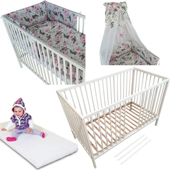 Dětská postýlka Postýlka + matrace + lůžkovina + baldachýn Top 7 KYTIČKY Druh matrace: kokos pohanka matrace 60x120x11 cm
