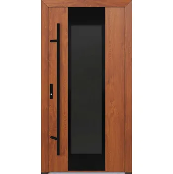 Vchodové dveře Hahn-Türke Vchodové dveře DS82-M28 reflexní šedé sklo Barva: Zlatý dub, Směr otevírání: Pravé, Ven, Celkové rozměry: 1100x2100mm