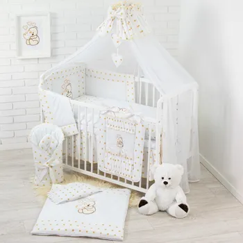 Příslušenství pro dětskou postel a kolébku 18 dílná vyšívaná souprava + moskytiéra + lůžkovina do kočárku ZLATÝ MEDVÍDEK SRDCE velikost lůžkovin: do postýlky 70x140cm