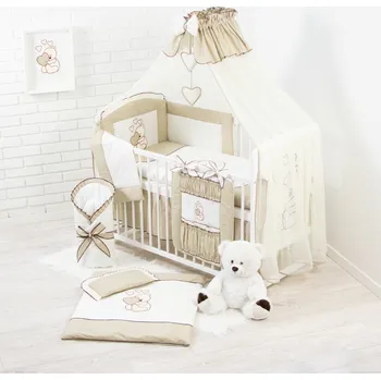 Příslušenství pro dětskou postel a kolébku 18 dílná vyšívaná souprava + moskytiéra + lůžkovina do kočárku TMAVĚ BÉŽOVÝ MEDVÍDEK SRDCE velikost lůžkovin: do postýlky 70x140cm