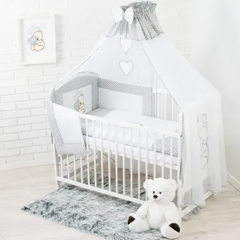 Dětská postýlka Dětská postýlka+ matrace + vyšívané povlečení do postýlky - ŠEDÝ MEDVÍDEK SRDCE - 13 dílná souprava Druh matrace: kokos pohanka matrace 60x120x11 cm