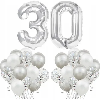 Balónek Sada STŘÍBRNÝCH BALÓNKŮ k 30. NAROZENINÁM s bílým konfety
