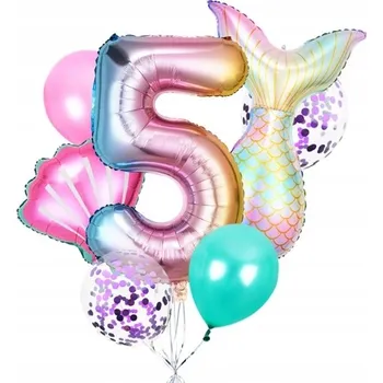 Balónek SADA BALÓNKŮ MOŘSKÁ PANNA ocas mušle ČÍSLICE 5 dekorace narozeniny 7 ks