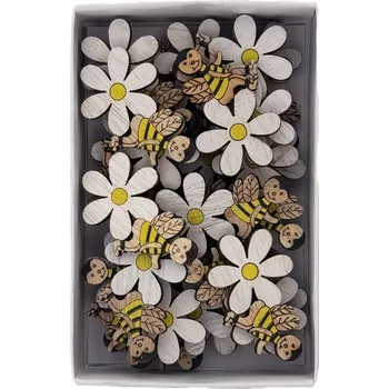 Velikonoční dekorace Dřevěné samolepky - květina/včelka, box 24 ks